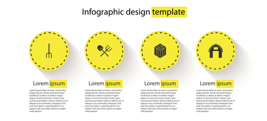 Poster - Set Garden pitchfork, Shovel and rake, Bale of hay and Farm house. Business infographic template. Vector