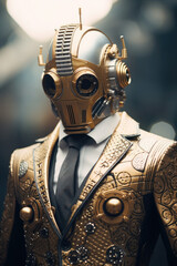 Wall Mural - Portrait of well dressed robot with a golden mask