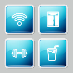 Sticker - Set line Wi-Fi wireless network, Paper financial check, Dumbbell and Glass with water icon. Vector