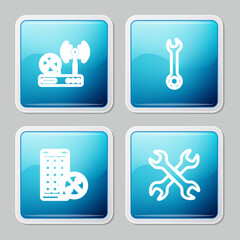 Wall Mural - Set line Router wi-fi service, Wrench, Mobile Apps and Crossed wrenchs icon. Vector