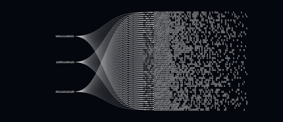 Big data technology and data science illustration. Data flow concept. Analysing, visualizing complex information. Neural network for artificial intelligence. Data mining. Business analytics.