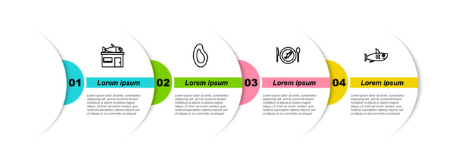 Poster - Set line Seafood store, Mussel, Served fish on plate and Shark. Business infographic template. Vector