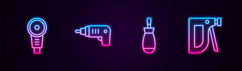 Poster - Set line Angle grinder, Electric cordless screwdriver, Screwdriver and Construction stapler. Glowing neon icon. Vector