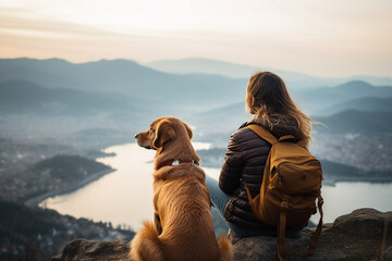 Generative AI illustration of young girl sitting with favorite doggy high mountains near river beautiful view