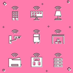 Poster - Set Smart home with wireless, Tv system, table lamp, security camera, refrigerator, warehouse, printer and bathroom scales icon. Vector