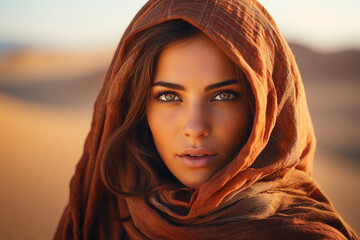 Wall Mural - Beautiful arabic woman wearing veil in sandy desert Generative Ai illustration