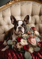 Cute French Bulldog Portrait Sitting on an Upholstered Tufted Arm Chair Surrounded by Lush Red and Green Holiday Christmas Florals