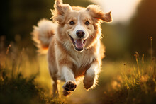 Happy Cute Cat Dog Running Through Grass Countryside Nature Generative AI Picture