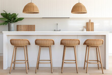 Wicker Bar Stools Adorn A Coastal Kitchen With The Warm Tones Of Natural Wood