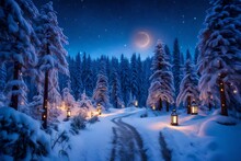 An Enchanting Twilight Landscape In A Snow-covered Forest, With Tall Pine Trees Adorned With Twinkling Fairy Lights. The Winter Sky Is Filled With Stars, And The Scene Is Illuminated By The Soft Glow 