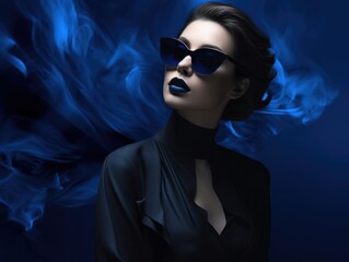 Wall Mural - photo of a beautiful stylish woman in intriguing dark blue clothes on a dark blue background. Style, beauty and fashion concept