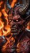 The Devil is depicted as a dark, horned creature with red eyes and a fierce expression