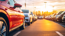 Car Parked At Outdoor Parking Lot. Used Car For Sale And Rental Service. Car Insurance Background. Automobile Parking Area. Car Dealership And Dealer Agent Concept. Automotive Industry.