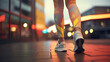 Close-up view of woman slim legs in leggins at the sity street, night lights background. Female fitness model training outside in the City. Generative AI