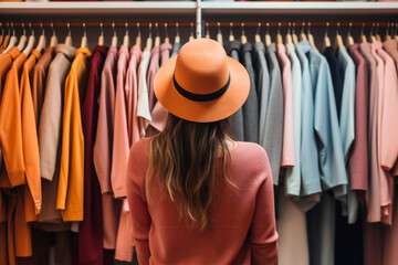 A young woman with a hat in a clothes store, view from behind