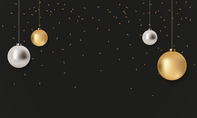 Wall Mural - Christmas golden and silver balls and falling confetti on a black background. Golden realistic Christmas toys. Luxurious hanging trinkets with ribbon. Festive glitter design elements