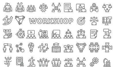 Workshop icon set in line design. Training, Learning, Skills, Education, work, Business vector illustrations. Workshop editable stroke icons.