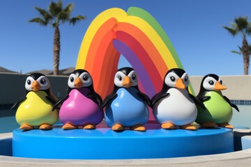 Wall Mural - a group of penguins on a blue platform