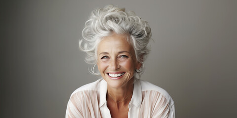 Wall Mural - A happy woman with smooth facial skin. An aging mature healthy woman with gray hair and a beautiful smile shows white teeth.