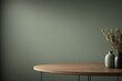 Grüner Wandbereich für Texteingabe. Einfarbiger leerer Raum mit minimalistischem Holztisch. Wand-Szenario-Mockup-Produkt für die Präsentation und als Hintergrund für Werbezwecke