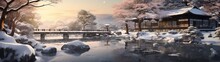 A Snowy Landscape With A Bridge And Trees