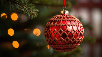 Canvas Print - Close up of a beautiful ball on decorated Christmas tree. Christmas and New years eve background.