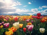 A Vibrant Field of Colourful Tulips Under a Serene Blue Sky. A field full of colorful tulips under a blue sky