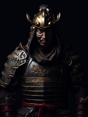 Wall Mural - Illustration of a samurai warrior fully dressed in samurai war clothes. Isolated on dark background.