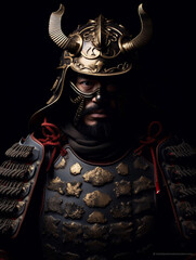 Wall Mural - Illustration of a samurai warrior fully dressed in samurai war clothes. Isolated on dark background.