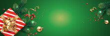 Horizontal Banner With Gold And Red Christmas Symbols And Text. Christmas Tree, Gifts, Golden Tinsel Confetti And Snowflakes On Green Background. Header For Website Template.

