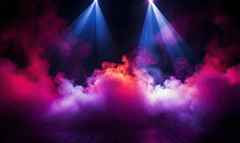 Dramatic concert stage with spotlights and laser lighting show and atmospheric smoke