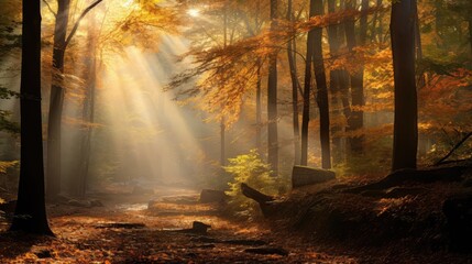 autumn fall wood light landscape illustration mist weather, beautiful season, background tree autumn fall wood light landscape