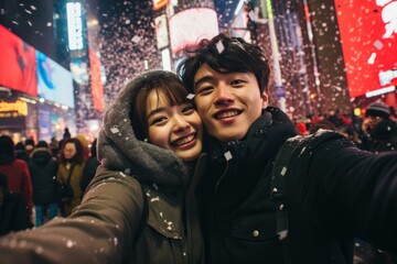 Wall Mural - A couple celebrating new year in big city taking selfie