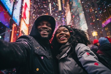 Wall Mural - A couple celebrating new year in big city taking selfie