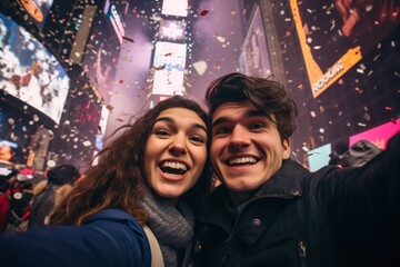 Wall Mural - A couple celebrating new year in big city taking selfie