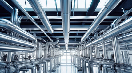 Steel water piping structure with circulation pumps and valves in industrial building.