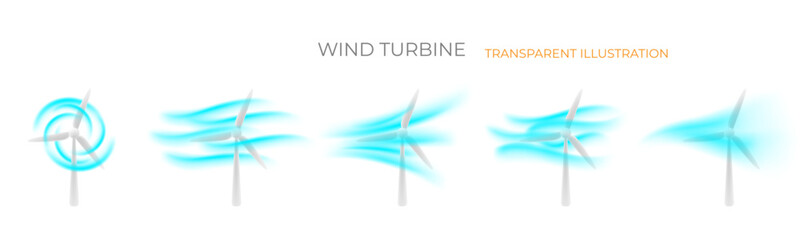 Wind turbine with wind arrows flows. Power generator over transparent background