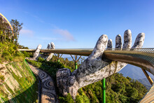 Golden Bridge At The Top Of The Ba Na Hills, Danang City, The Famous Tourist Attraction In Central Vietnam.