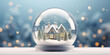 Happy New Year and Merry Christmas, Xmas with trees and house, Glass snow globe, Festive Christmas object, Holiday poster, generative ai