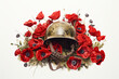 A world war military helmet with red poppies. Remembrance and armistice day symbol