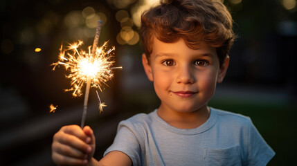 Sticker - A joyful child holding a lit sparkler, smiling brightly against a backdrop of evening light with a bokeh effect.