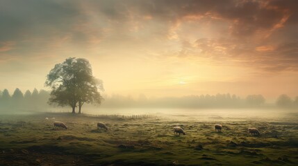 Canvas Print - fog pasture evening mist landscape illustration sunsunrise light, background farm, field morning fog pasture evening mist landscape