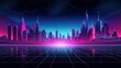 a retro futuristic cyberpunk city landscape with neon colored buildings, vaporwave, cyberpunk sunset background. Back to 80's concept. futuristic geometric landscape, Sci-Fi background