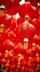 Wall Mural - Chinese New Year lanterns on a red background. Festive atmosphere of the Chinese New Year