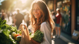 Fototapeta  - Young lady holding fruits and vegetables into reusable cotton produce bag on food market, sustainable lifestyle and eco shopping concept