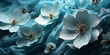 Blüte in blau mit weiß im wunderschönen Licht  Hintergrundmotiv im Querformat für Banner, ai generativ
