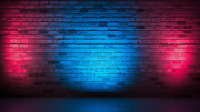 Texture Background Of A Brick Wall With Neon Light In Blue And Pink Colors. Ai Generative