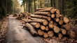 © Oleksandr - Log trunks pile, cut trees along a road. ai generative
