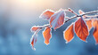 yellow autumn leaves on a frozen branch on a blue background. ai generative