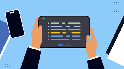 Person who uses the tablet to create code, program development of software, artificial intelligence. Vector illustration